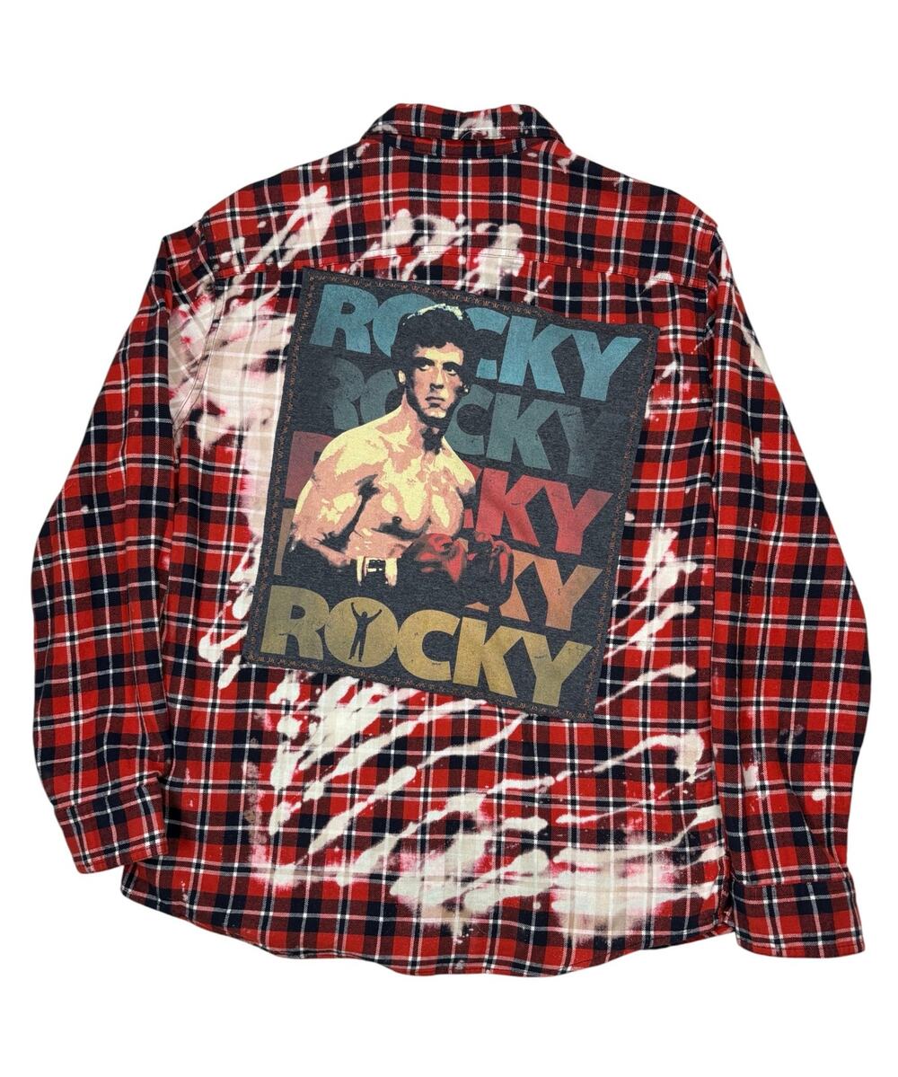 Upcycled Rocky Movie Distressed Long Sleeve Flannel Shirt Men's Large Red Boxing